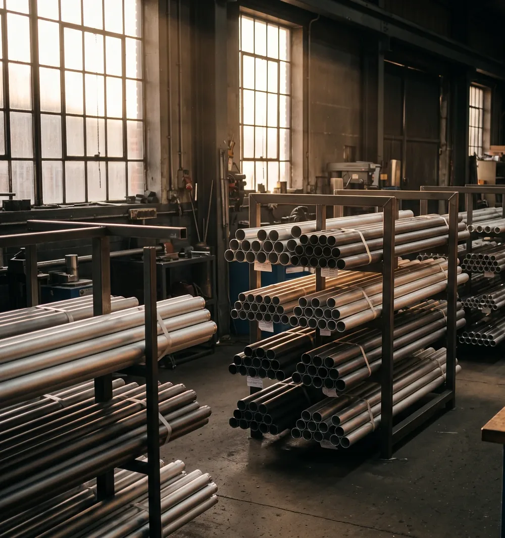 Hala produkcyjna — segmenty masztów aluminiowych na regałach